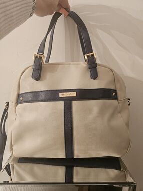 Tommy Hilfiger Beige and Navy Leather Satchel